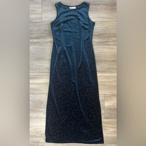 Vintage 90s Lisa Jo Sleeveless Velvet Teal Maxi Dress w Gold Embellishment 7/8